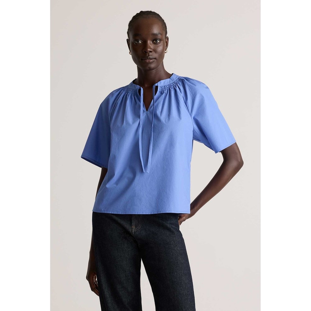 Quince Split Neck Top Women XS True Blue Organic Cotton Poplin Blouse Preppy
